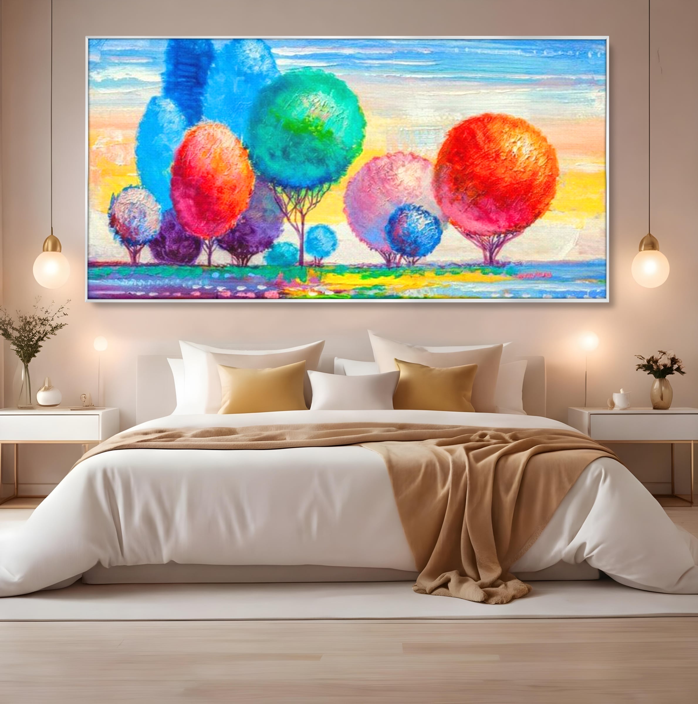 Tablou canvas cu tablou pictura cu copaci cu coroane rotunde sferice, in rama de aluminiu argintiu, pe perete intr-un dormitor